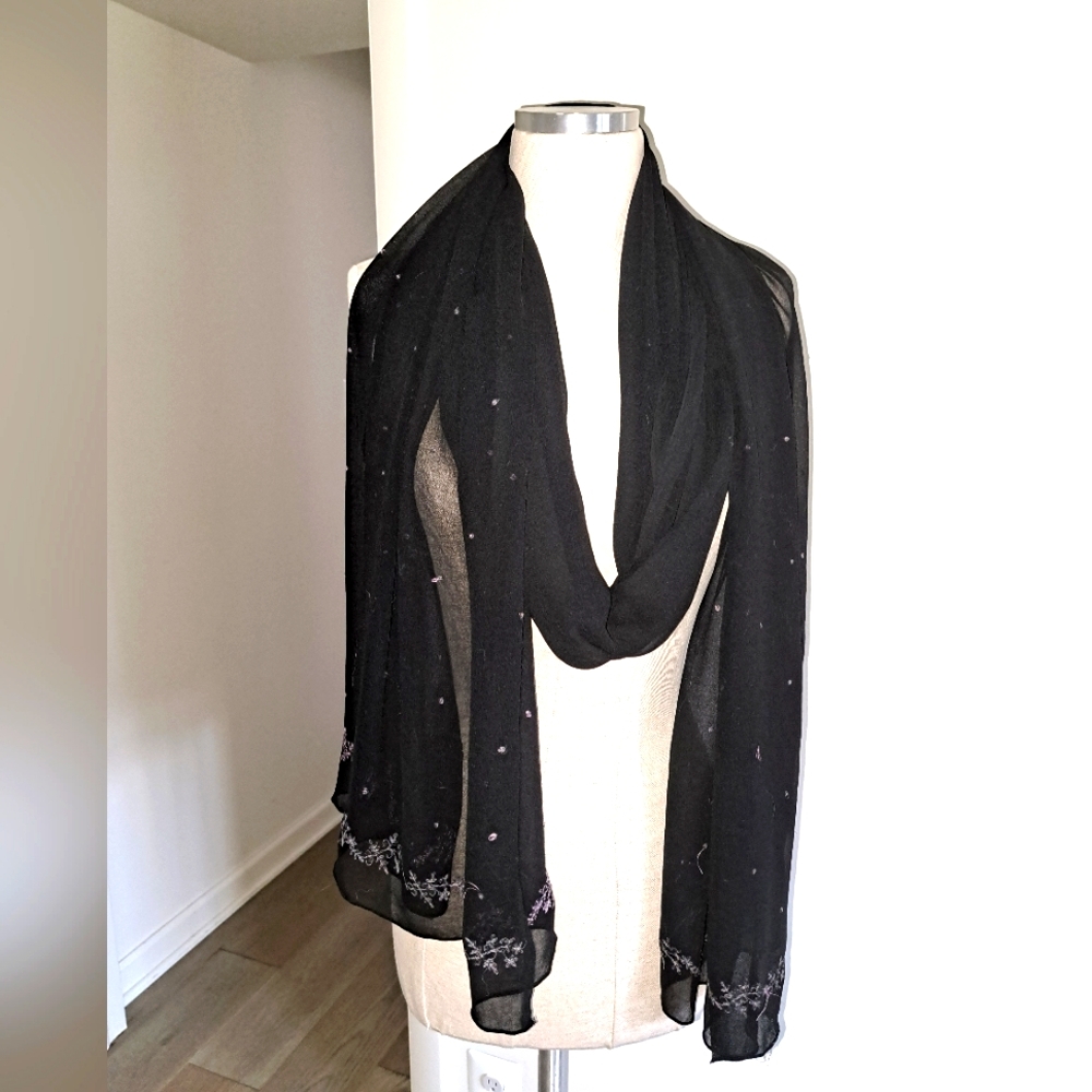 Black sheer scarf with embroidery